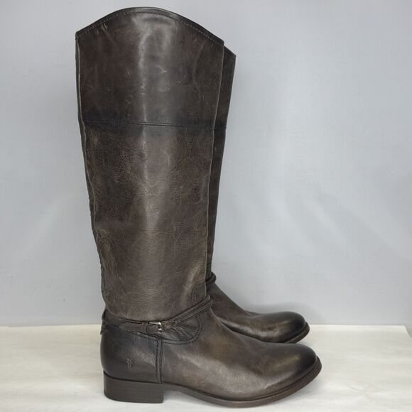 Frye Knee High Riding Boots Womens Size 7 Brown Leather Distressed Biker Pull On - Picture 9 of 13